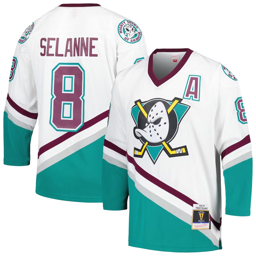 Men's Anaheim Ducks Teemu Selanne Mitchell #8 Ness White 1996/97 Blue Line Jersey